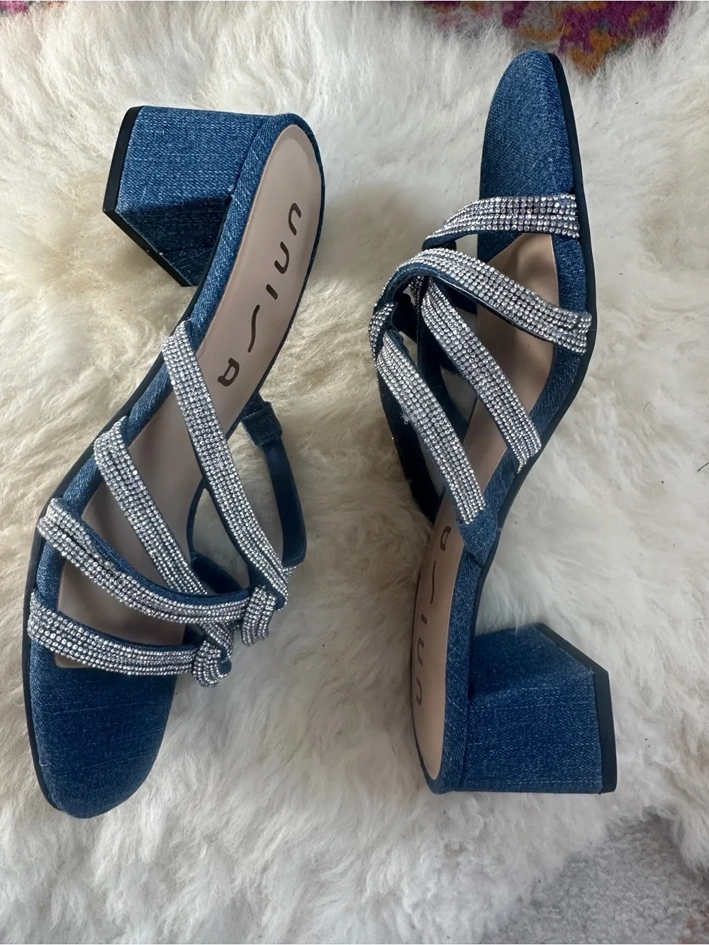 Unisa Denim Rhinestone Sandals Womens 7 Blue Block Heel Open Toe New